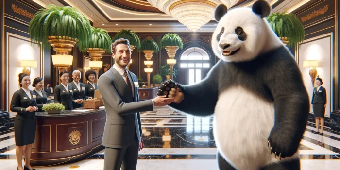 DALL·E 2024-01-02 14.45.50 - In a sophisticated hotel lobby, a highly realistic panda stands upright on its hind legs, reaching out with its right paw to shake hands with a human