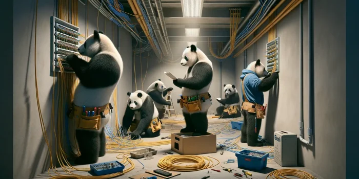 DALL·E 2024-01-11 14.46.14 - A scene showing several pandas inside a building, working on installing a telephone network. The pandas, realistic and wearing work attire including s